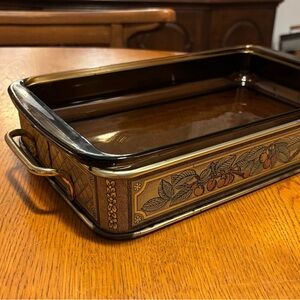 Vintage PYREX Casserole Dish and Metal Golden Harvest Serving Tray